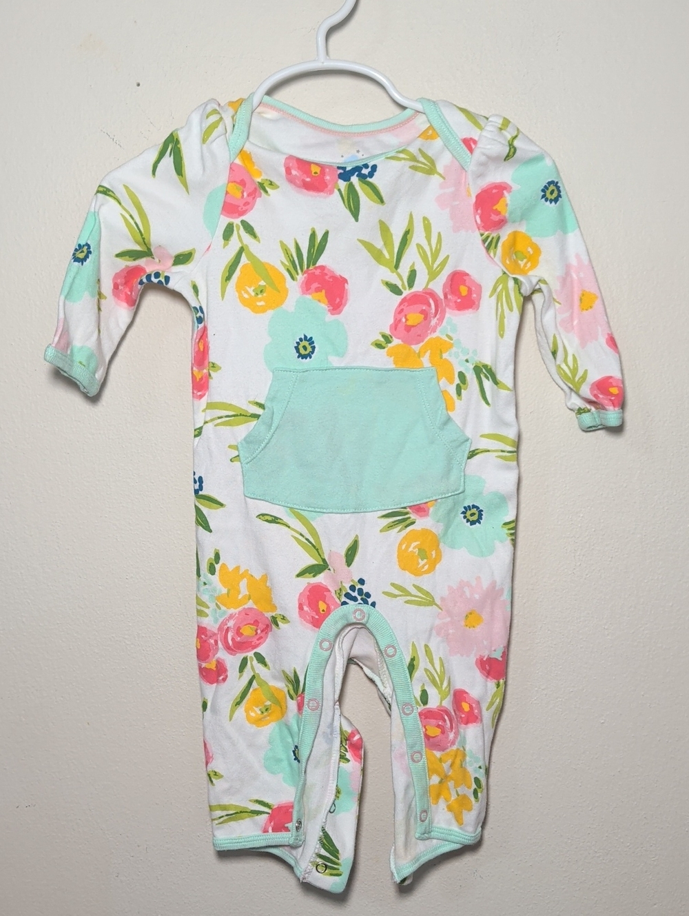 Cloud Island Watercolor Floral Romper White Pink Green 100% Cotton Size 3-6M